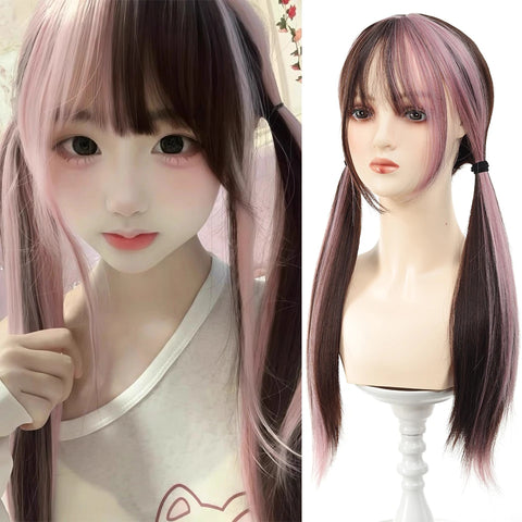 Synthetic 24 inch Loiita Black Pink Tousled Long Straight Wig Double Ponytail Hair Extensions cosplay wig Christmas