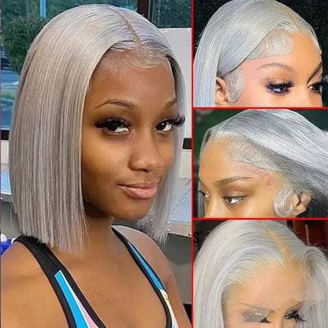 Silver Grey Lace Front Short Bob Wig Grey Straight 13x4 Lace Transparent Front Wigs Human Hair For Black Women 10 12 14 16 Inch