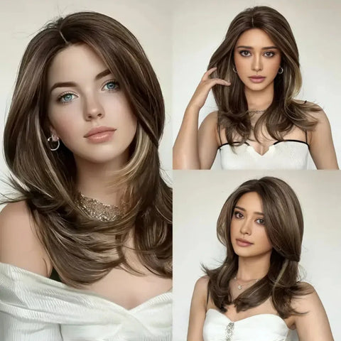 Glamorous Brown with gold highlights Wavy wig - heat-resistant synthetic wig for Halloween parties,Christmas Festival Wedding