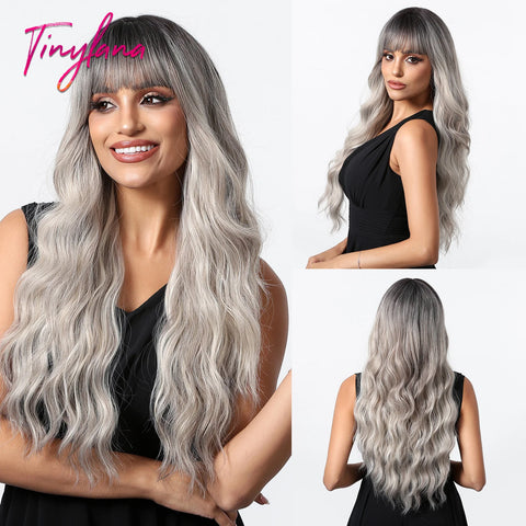 Ash Gray Platinum Long Curly Synthetic Wigs with Bangs for Women Afro Deep Wave Cosplay Lolita Wig Natural Hair Heat Reisitant