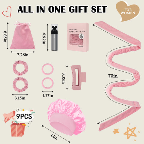 No Heat Overnight Curl Headband, 70" Soft Wave Hair Rollers for Long Hair, 9 PCS Hair Curling Rods Gift Set - Pink
