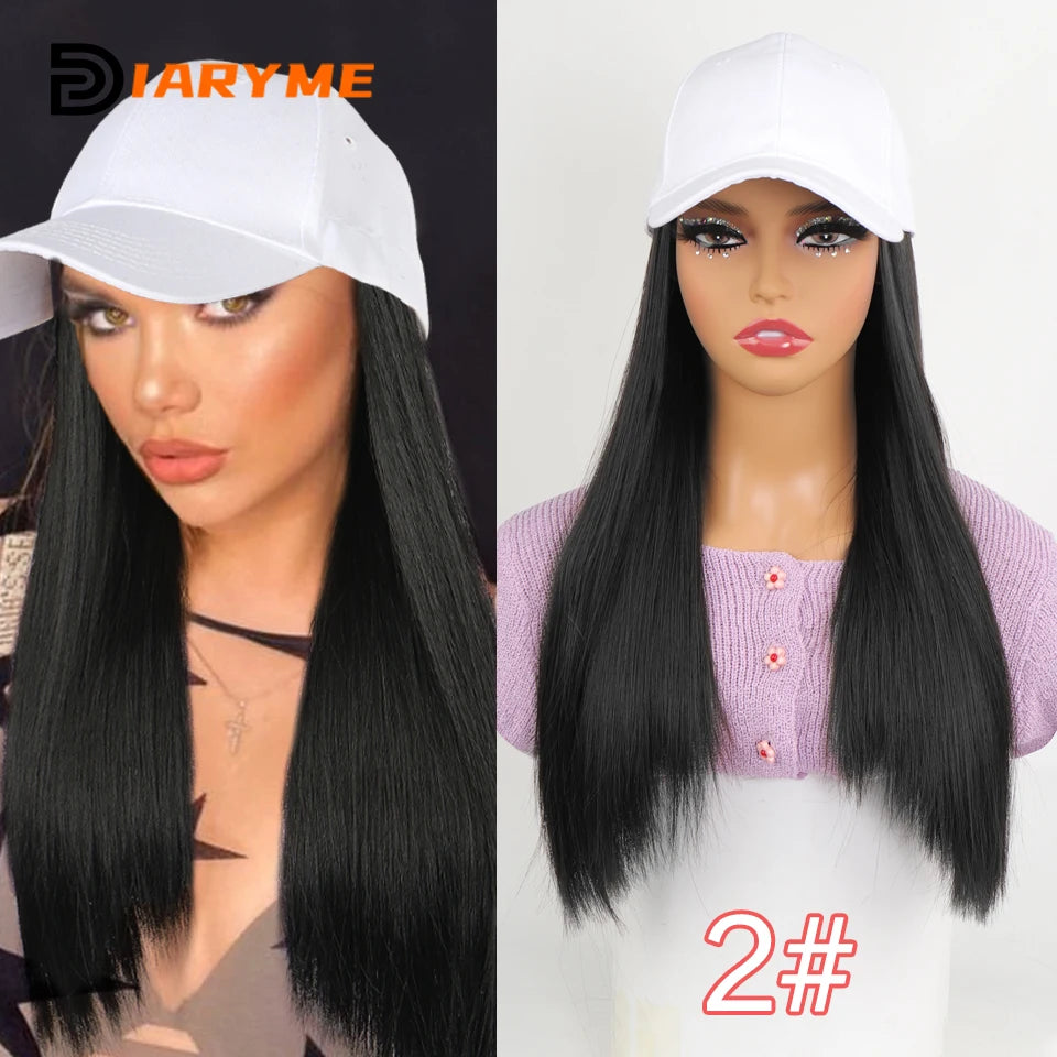 Baseball cap wig Synthetic Wigs With White Black Hat Long Straight Hair Wigs For Women connect Hat One Piece Wig Hat adjustable