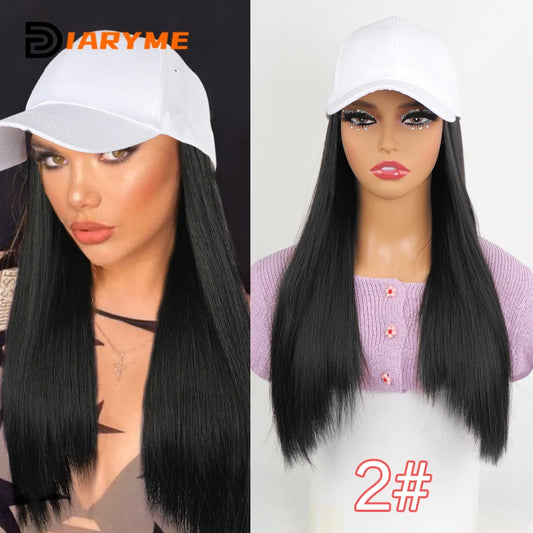 Baseball cap wig Synthetic Wigs With White Black Hat Long Straight Hair Wigs For Women connect Hat One Piece Wig Hat adjustable