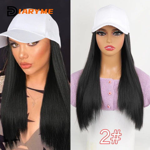 Baseball cap wig Synthetic Wigs With White Black Hat Long Straight Hair Wigs For Women connect Hat One Piece Wig Hat adjustable