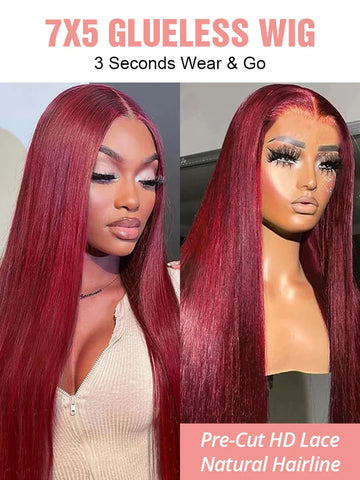 Burgundy Transparent Lace Frontal Human Hair Wig 7x5 Glueless Red 99J Straight Colored 13x4 Lace Front Human Hair Wigs For Women
