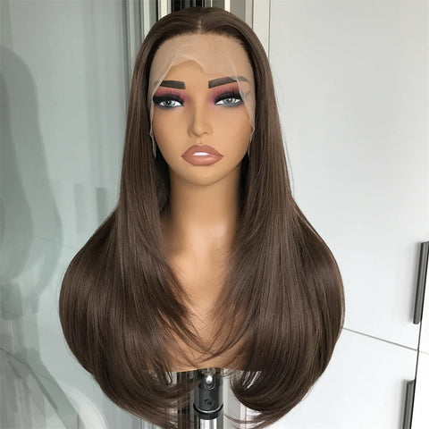 Highlight Blonde Layered Wig Synthetic Lace Front Wig for Women Straight Chocolate Brown Colored Pre Plucked Lace Wig Black