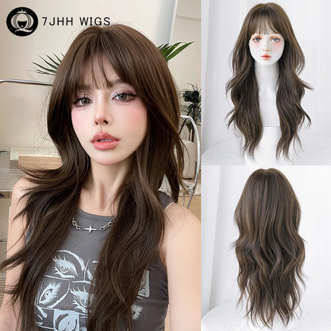 7JHH WIGS Honey Brown Wigs with Neat Bangs High Density Synthetic Loose Brown Hair Wig for Women Daily Use Beginner Friendly