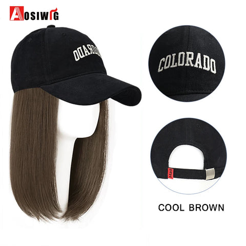 Long Wavy Synthetic Wig Baseball Rice White Cap With Hair Extensions Hat Wigs Natural Black Connect Wig Adjustable For Women