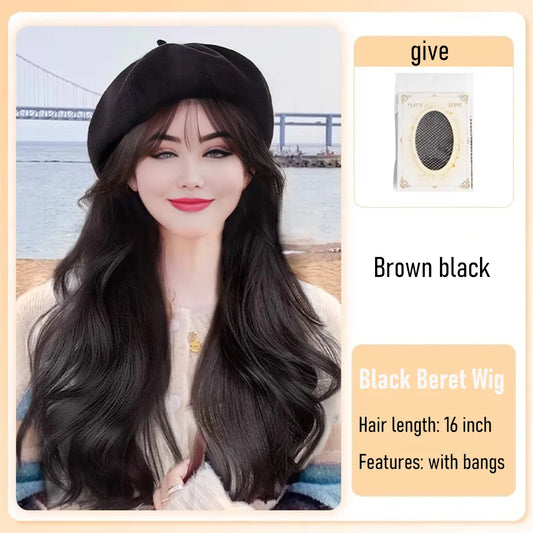 synthetic 16 inch black beret big wave long curly wig water wave baseball cap duck tongue hat fisherman hat Hat Wig Christmas