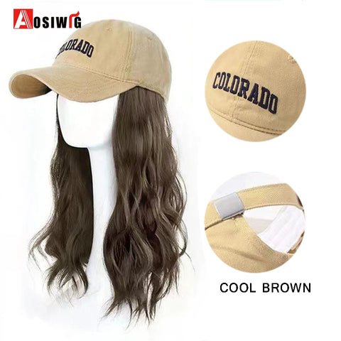 Long Wavy Synthetic Wig Baseball Rice White Cap With Hair Extensions Hat Wigs Natural Black Connect Wig Adjustable For Women