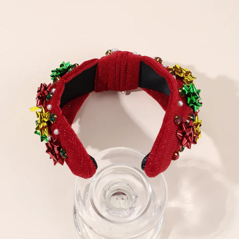 New Year Knot Wide Headband Christmas Snowflake Velvet Rhinestone Pearls Hair Hoop For Women Girls Xmas Headwear Accessories