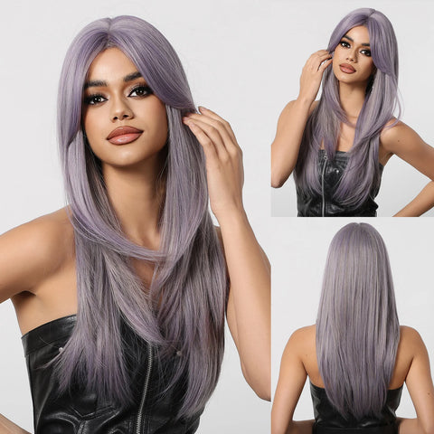 Straight Layered Synthetic Wigs Purple Black Ombre Wig with Bangs Middle Length Colored Cosplay Wig for Women Heat Resistant Wig