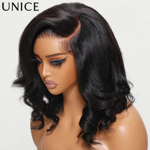UNICE Light Yaki Loose Wave Bob Wigs With Drawstring 13x4 Pre Plucked Pre Cut Bleached Glueless Wig Human Hair Lace Frontal Wigs