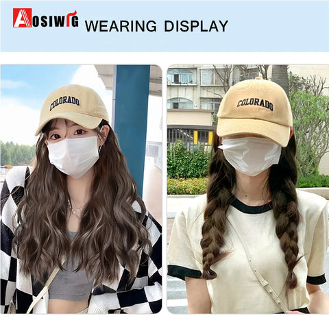 Long Wavy Synthetic Wig Baseball Rice White Cap With Hair Extensions Hat Wigs Natural Black Connect Wig Adjustable For Women