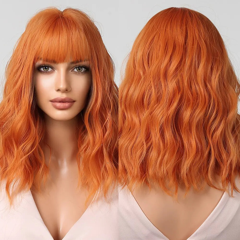 Women Grey Wavy Bob Wigs with Bangs Short Blonde Ombre Synthetic Wig With with Dark Roots Natural Hair for Daily Use