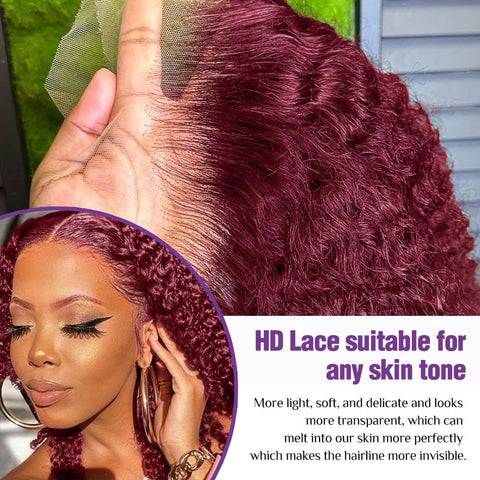 13x6 Glueless Bob Wig Burgundy 99J Deep Wave Brazilian Human Hair Short Bob With Curly HD Transparent Lace Front Wigs For Women