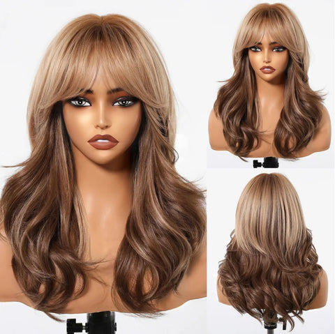 HENRY MARGU Grey Layered Synthetic Natural Wig Medium Length Straight Wig with Bangs for Women Daily Party Wigs Heat Resistant