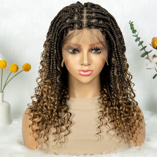 Short Boho Bohemian Box Braids Braided Wig Full Lace Boho Braided Wigs Synthetic Curly Hair with Baby Hair for Black Women