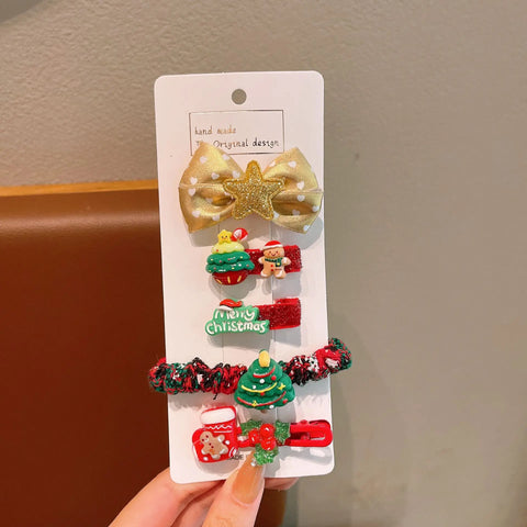 5/10 Pcs Children's Christmas Hair Accessories Set Heart Santa Claus Hair Clips & Gold Hair Bands Cute Buckles Tweezers For Girl