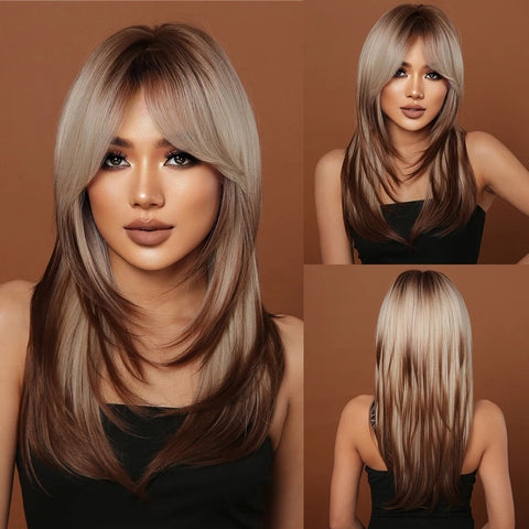 Short Straight Blonde Hair For Black Women Shoulder Length Layered Natural Hairline Synthetic Heat Resistant Wig