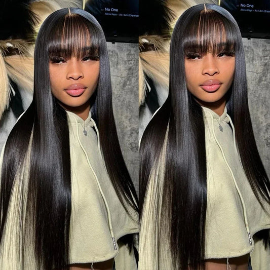 Brazilian Bone Straight Long 100% Human Hair Wigs With Bangs Natural Black Fringe Wig With Bangs For Women cheap wigs on Sale