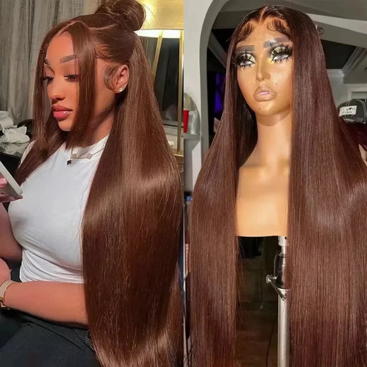 13x6 HD Chocolate Brown Bone Straight Lace Front Wig  36 Inch Lace Frontal Wig Human Hair Pre Plucked #4 Colored Human Hair Wig