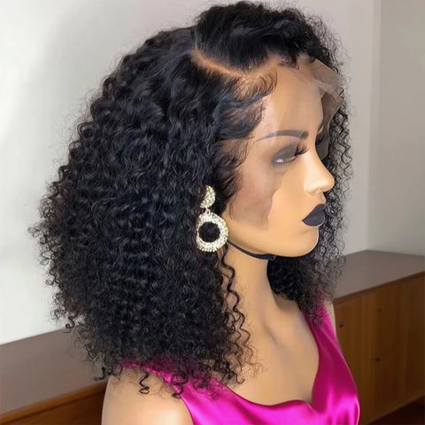 250% Short Curly Bob 13x6 Lace Frontal Wigs Deep Water Wave 7x5 Glueless Wig Brazilian 100% Human Hair Black For Women 14 Inch ﻿