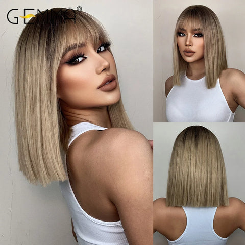 GEMMA Dark Brown BoBo Synthetic Wig with Bangs Shoulder Length Straight Wig for Women Cosplay Daily Hair Wig Heat Resistant Fibr