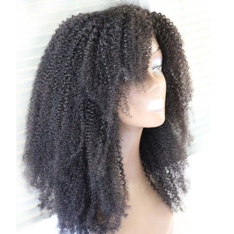 Afro Kinky Curly Virgin Brazilian Human Hair Machine Made Sew Wig with Bang  Curls Human Hair Wig for Black Women