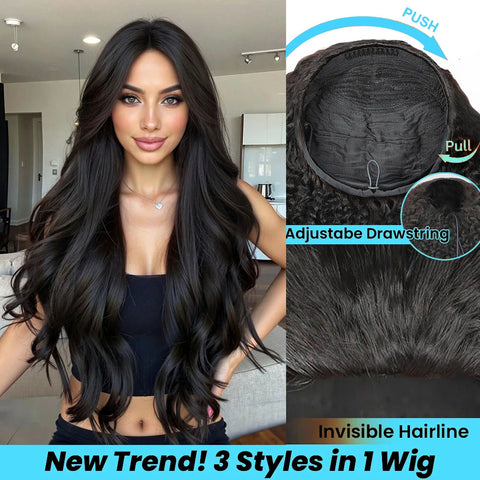 Body Wave Human Hair Wigs For Women 34 Inch 3 In 1 Drawstring half wigs human hair curly wigs black wigs 100% human