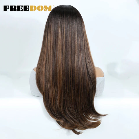 Synthetic Lace Front Wigs For Black Woman Layered Straight Wear and Go Glueless Wigs Ombre Brown T Part & 6x4 Pre Plucked Wig