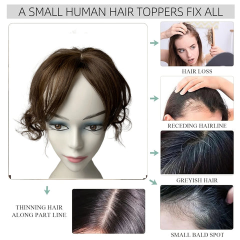 10inch Short Body Wavy Human Hair Toppers for Women Clip In Curly Hairpieces Extensions Increase Hair Volume Mild Brown Non-Remy