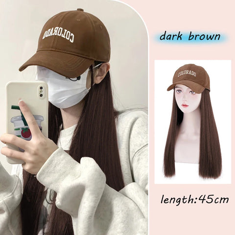 Long Wavy Synthetic Wig Baseball Rice Black Cap With Hair Extensions Hat Wigs Natural Black Connect Wig Adjustable For Women