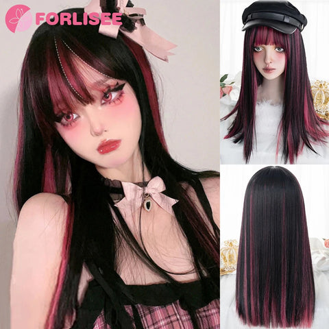 FOELISEE Synthetic 23inch Wig With Bangs Long Straight Black Highlight Red Wig For Women Cosplay Party Christmas Wig