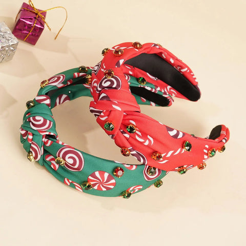 Christmas Magic Wand Red Green Candy Rhinestone Knot Hairband Headband High Apex Hair Accessories Hair Jewerlery