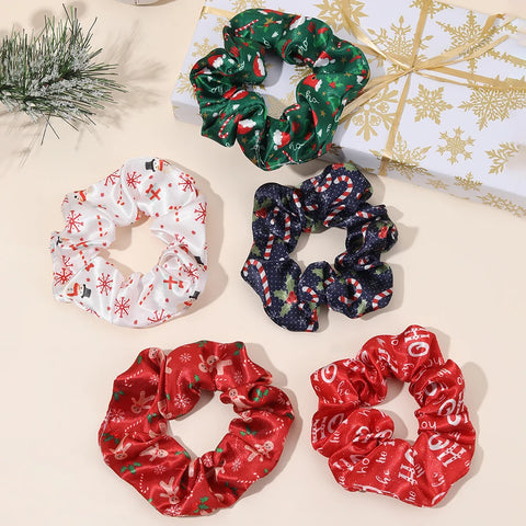 5Pcs Various Christmas Style Hair Ties Santa Hat Print Satin Scrunchies For Women Girls New Trendy Xmas Party Hair Accessories