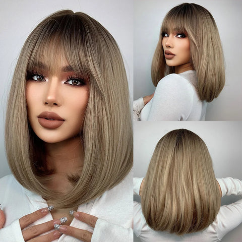 GEMMA Dark Brown BoBo Synthetic Wig with Bangs Shoulder Length Straight Wig for Women Cosplay Daily Hair Wig Heat Resistant Fibr