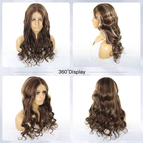Brown Blonde Highlight Natural Wavy 13x3 Synthetic Lace Front Wigs for Women 26 Inch Long Body Wave Lace Frontal Wig Daily Use