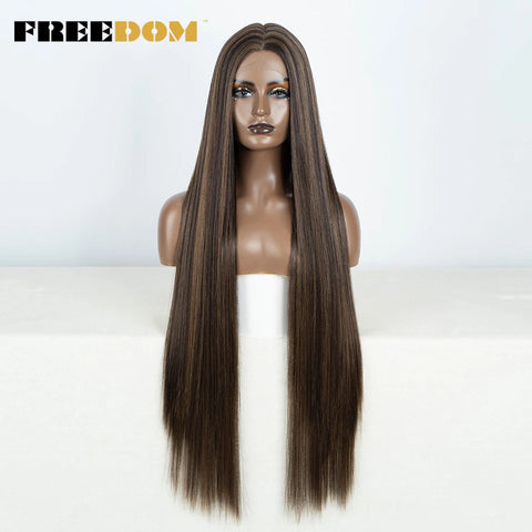 FREEDOM Straight Synthetic Lace Front Wig For Women 38 Inch Long Ombre Brown Red Blonde Hightlight Lace Frontal Wigs Cosplay Wig