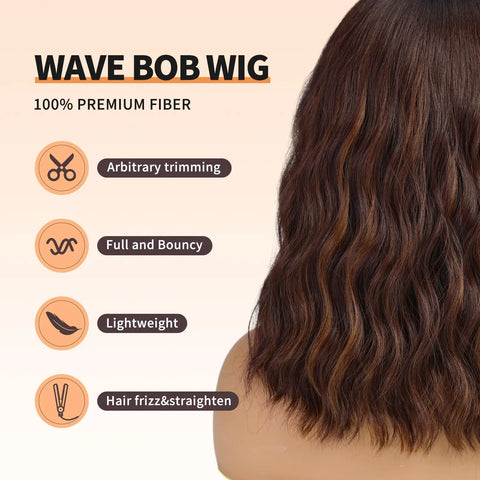 Short Brown Highlight Wigs With Bangs Natural Wavy Hair Wigs For White Women Heat Resistant Synthetic Bob Wig Shoulder Length