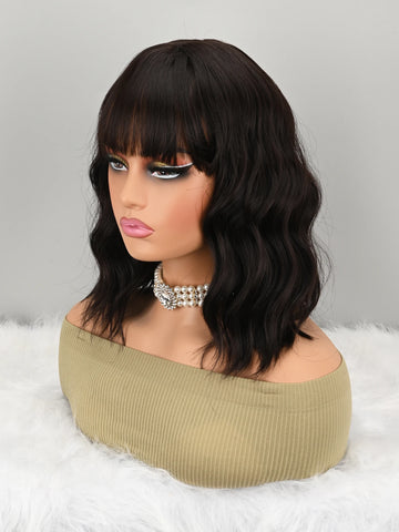 Natural Brown Synthetic Curly Wavy Bob Wig with Bangs for Women