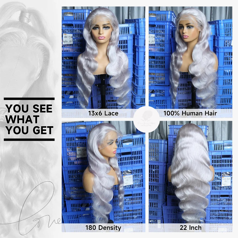 Silver Grey Vietnamese Human Hair Wig Body Wave 13x6 HD Transparent Lace Front Pre Plucked 180% Density 28 30 Inch Wig For Women