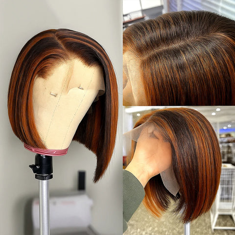 #4/350 Highlight Ginger Brown Short Bob Wig Human Hair Straight 13x4 HD Transparent Lace Frontal Wig Colored 5x5 Glueless Wig