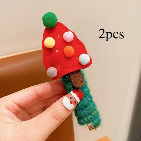 2PCS Hair Ropes Christmas Headwear for Girl Cartoon Elk Deer Tree Kid Cute Party Headband Children Hair Accessory New Year Gift