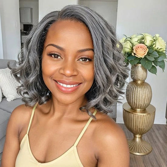 10Inch Salt and Pepper Loose Wave Lace Front Human Hair Wig Pre Plucked Short Bob Wigs Glueless Wigs Pre Plucked For Black Women