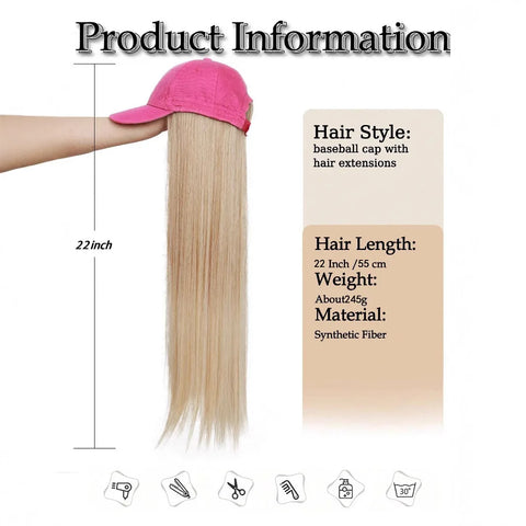 Baseball Cap with Hair Extensions Synthetic 22inch Straight Hairstyle Adjustable Wig Hat Attached Hairpiece for Woman Girl