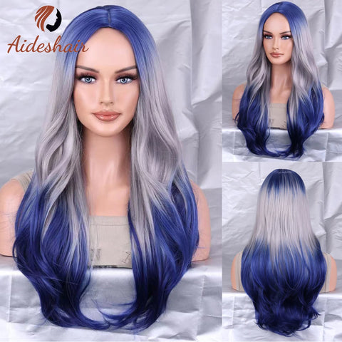 Aideshair Cosplay Wig Christmas Purple Half Pink Synthetic hair Wigs with Bangs for Black White Woman Heat