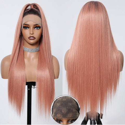 Long Straight Afro 13*6  Transparent Lace Frontal Synthetic Wigs Preplucked Brown Blonde Highlight Mixed Wig for Black Women Wig