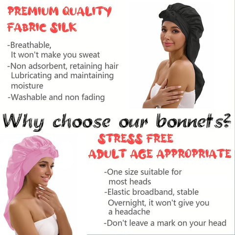 1/2/3pcs Satin Sleep Caps with Ribbon Tie - Black & Pink, Polyester Night Hats for Long Hair, Casual and Stylish Design