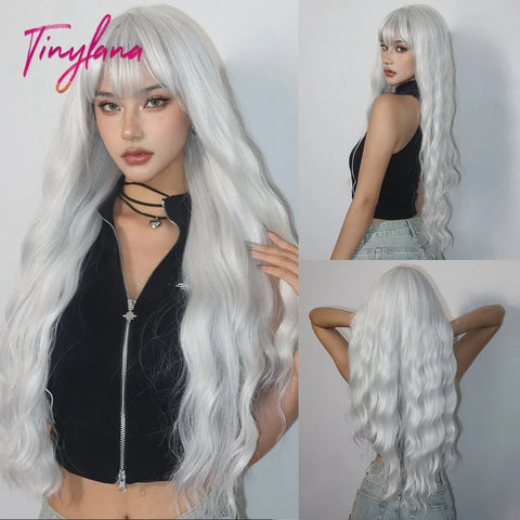 Long Curly Green Wave Synthetic Wigs with Bangs for Women Christmas Grass Green Cosplay Wigs Daily Natural Hair Heat Resistant